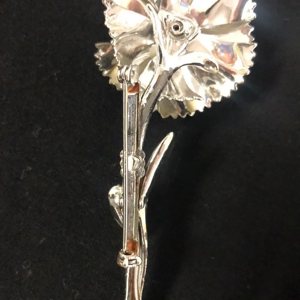 Vintage Silver Tone with Matte Color Three Rhinestones Carnation Brooch